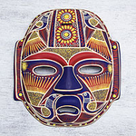 Mexikanische Keramikmaske zum Sammeln mit gelben Vögeln, „Goldener Olmeken-Lord“