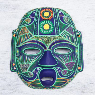 Ceramic mask, 'Jade Olmec Lord' - Hand Made Ceramic Green Bird Mask