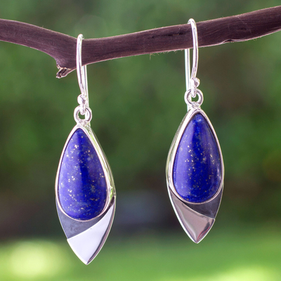 Lapis lazuli dangle earrings, 'Dove of Love' - Handcrafted Modern Silver and Lapis Lazuli Earrings
