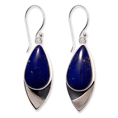 Lapis lazuli dangle earrings, 'Dove of Love' - Handcrafted Modern Silver and Lapis Lazuli Earrings