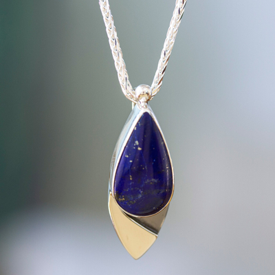 Lapis lazuli pendant necklace, 'Dove of Love' - Mexican Modern Sterling Silver Lapis Lazuli Pendant Necklace