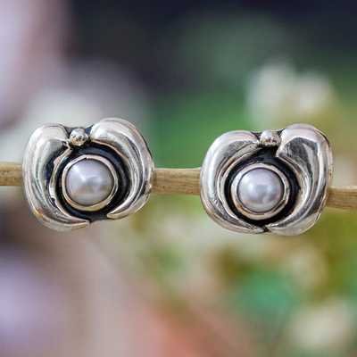 Pearl button earrings, 'Iridescent Glow' - Pearl button earrings