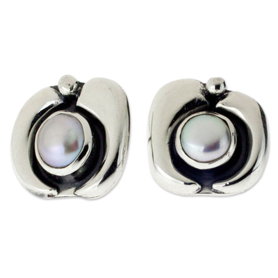 Pearl button earrings, 'Iridescent Glow' - Pearl button earrings