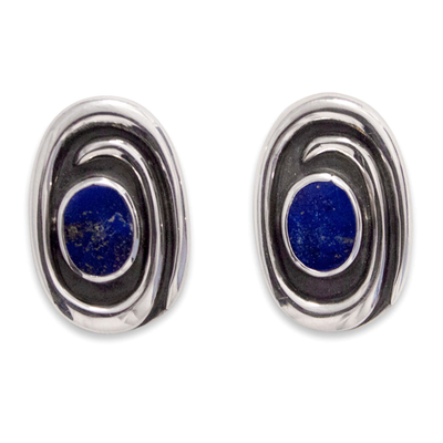 Lapis lazuli button earrings, 'Tide Pool' - Unique Modern Sterling and Lapis Lazuli Earrings