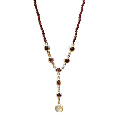 Garnet and moonstone Y necklace, 'Moonlight Passion' - Garnet and moonstone Y necklace