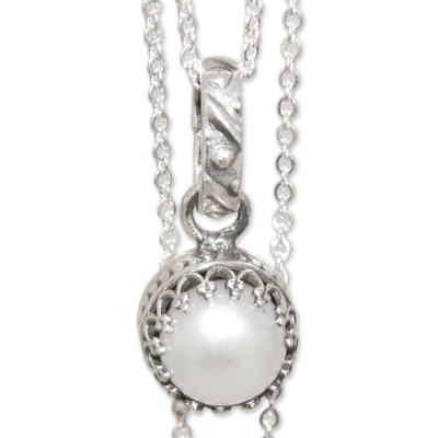 Cultured pearl pendant necklace, 'Taxco Royalty' - Peace and Calm Fine Silver and Pearl Necklace