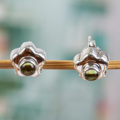 Peridot flower earrings, 'Aztec Daisy' - Handmade Floral Fine Silver and Peridot Earrings