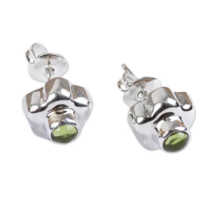 Peridot flower earrings, 'Aztec Daisy' - Handmade Floral Fine Silver and Peridot Earrings