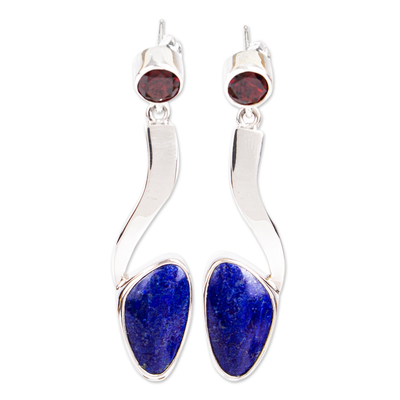Lapis lazuli and garnet dangle earrings, 'Being Bold' - Lapis Lazuli Silver Earrings with Garnet