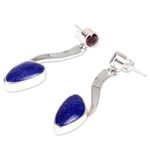 Lapis lazuli and garnet dangle earrings, 'Being Bold' - Lapis Lazuli Silver Earrings with Garnet