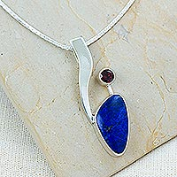 Lapis lazuli and garnet pendant necklace, 'Being Bold' - Handmade Modern Fine Silver Lapis Lazuli Necklace