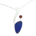 Lapis lazuli and garnet pendant necklace, 'Being Bold' - Handmade Modern Fine Silver & Sterling Lapis Lazuli Necklace