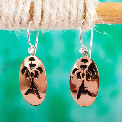 Copper dangle earrings, 'Hummingbird Haven' - Mexican Floral Copper Bird Earrings