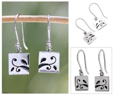 Sterling silver dangle earrings, 'Leafy Branch' - Sterling silver dangle earrings