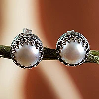 Cultured pearl stud earrings, 'Taxco Royalty'