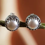 Cultured pearl stud earrings, 'Taxco Royalty' - Hand Crafted Bridal Earrings Fine Silver with Pearls