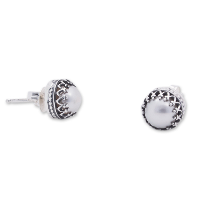 Cultured pearl stud earrings, 'Taxco Royalty' - Hand Crafted Bridal Earrings Fine Silver with Pearls