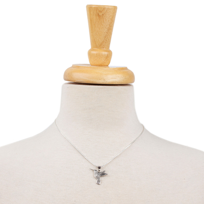 Silver pendant necklace, 'Aztec Hummingbird' - Artisan Crafted Women's Fine Silver Hummingbird Necklace