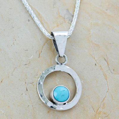 Turquoise pendant necklace, 'Eye of the Sea' - Women's Modern Fine Silver Natural Turquoise Necklace