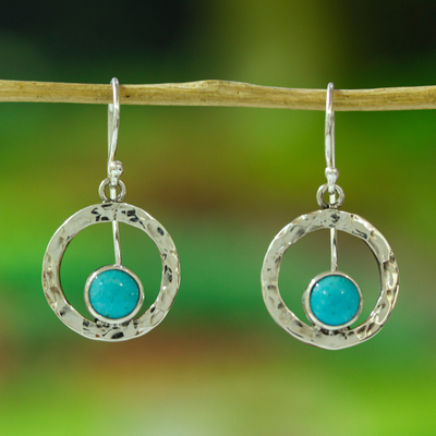 Turquoise dangle earrings, 'Eye of the Sea' - Handcrafted Modern Fine Silver and Natural Turquoise Earring
