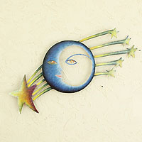 Steel wall art, 'Cosmic Consciousness' - Fair Trade Sun and Moon Steel Yellow and Blue Wall Art