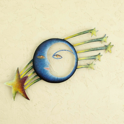 Steel wall art, 'Cosmic Consciousness' - Fair Trade Sun and Moon Steel Yellow and Blue Wall Art