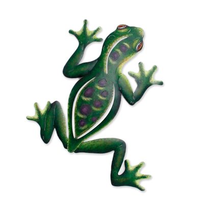 Steel wall art, 'Mexican Tropical Frog' - Unique Hand Painted Green Steel Wall Sculpture