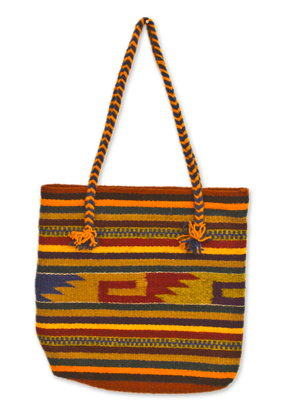 Wool tote bag, 'Zapotec Twilight' - Geometric Wool Shoulder Bag Hand Woven in Mexico