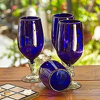 Blown glass goblets, 'Night Sky' (set of 6) - Cobalt Blue Goblets (Set of 6)