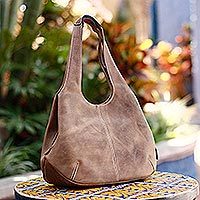 Leather hobo handbag, 'Urban Caramel'