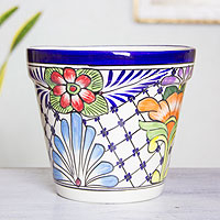 Ceramic flower pot, 'Wild Flowers' - Majolica Ceramic Flower Pot
