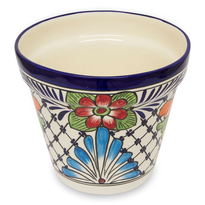 Ceramic flower pot, 'Wild Flowers' - Majolica Ceramic Flower Pot