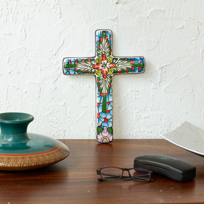 Ceramic cross, 'Jerusalem Rose' - Ceramic cross