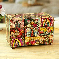 Decoupage-Box, „Ein Blumenstrauß für mein Guadalupe“ – katholische dekorative Holzbox