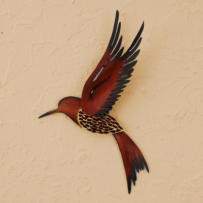 Steel wall sculpture, 'Ruby Breasted Hummingbird' - Unique Steel Bird Wall Art