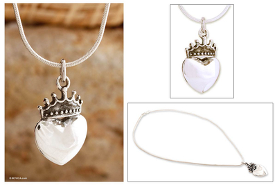 Sterling silver heart necklace, 'Love Coronation' - Sterling silver heart necklace