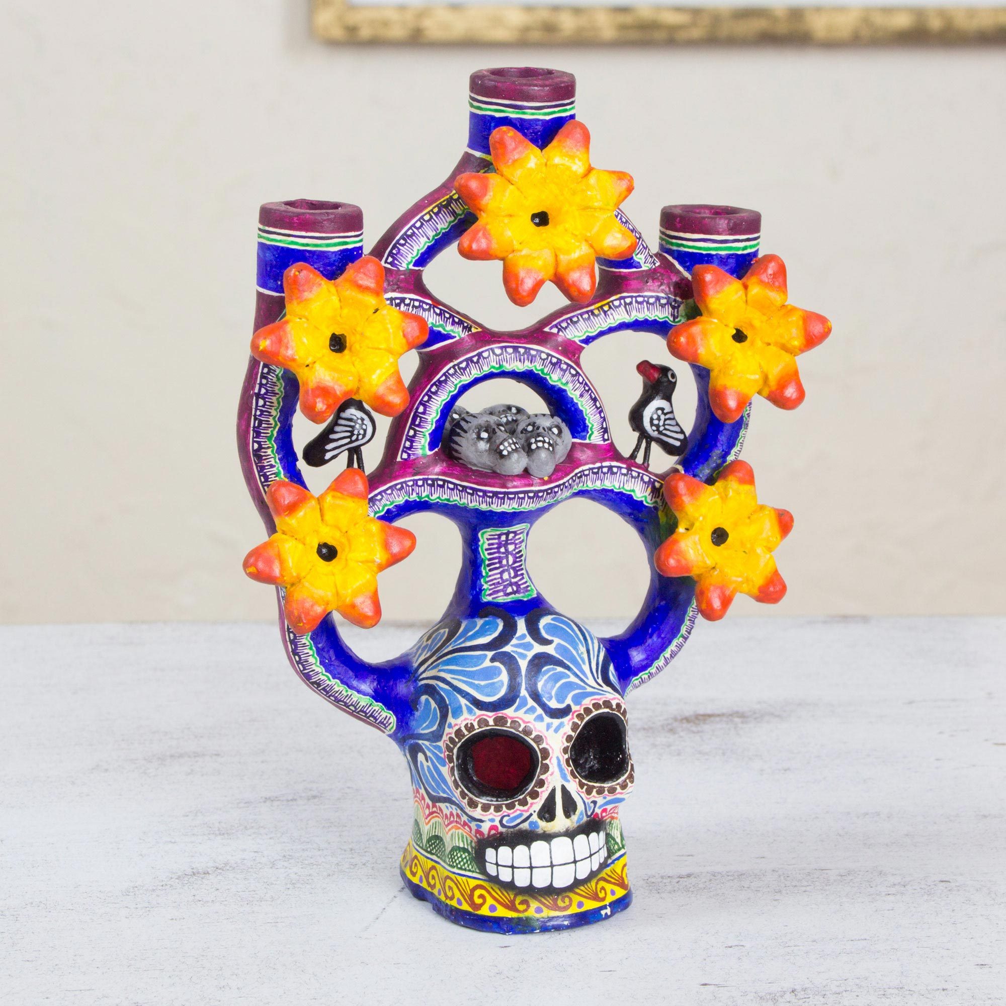 Handcrafted Floral Ceramic Day of the Dead Candle Holder Day of the