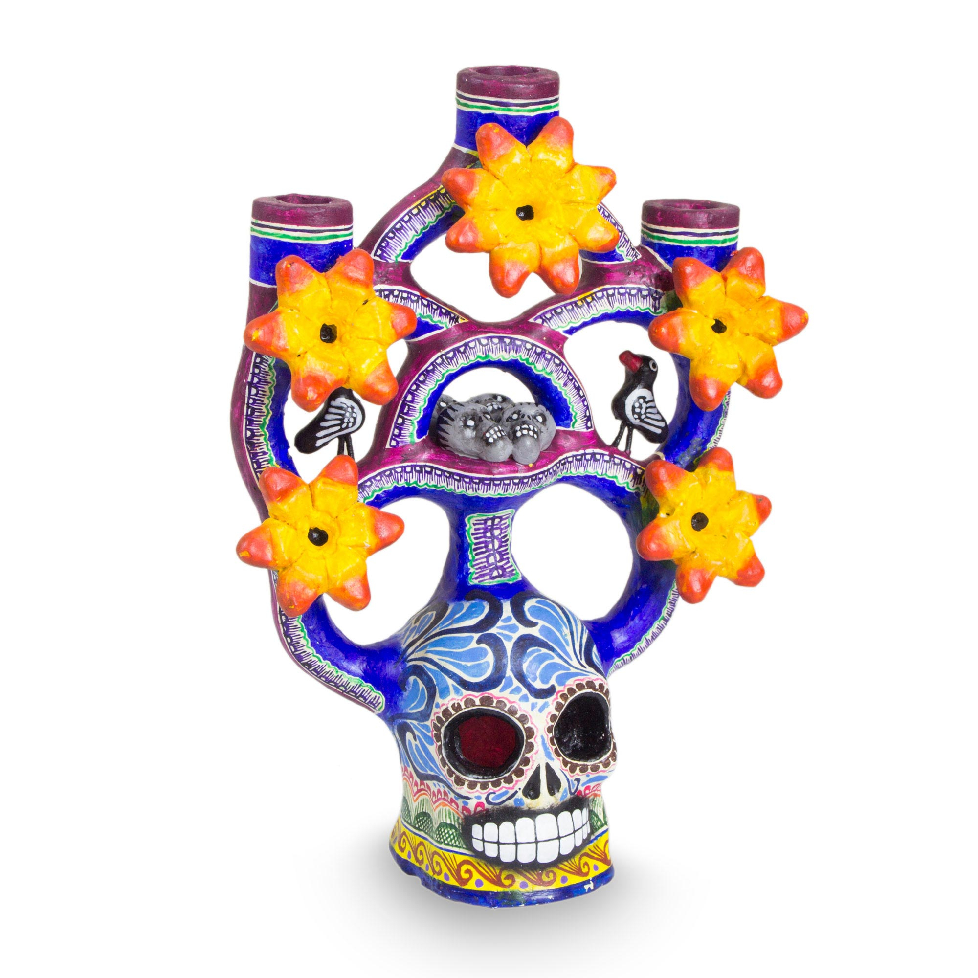 Handcrafted Floral Ceramic Day of the Dead Candle Holder Day of the