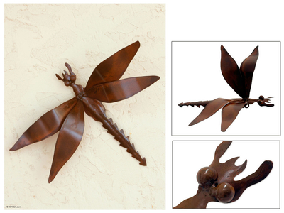 Iron wall sculpture, 'Exotic Dragonfly' - Unique Good Luck Steel Wall Art