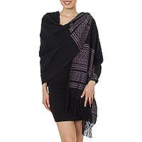 Zapotec cotton rebozo shawl, 'Black Zapotec Treasures' - Geometric Cotton Patterned Shawl