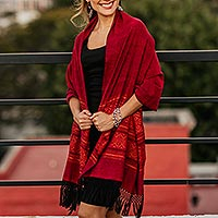 Zapotec cotton rebozo shawl, 'Red Zapotec Treasures'