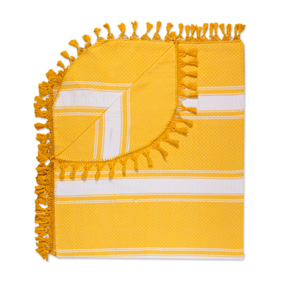 Zapotec cotton bedspread, 'Sunny Fields' (twin) - Handmade Zapotec Yellow Cotton Bedspread Quilt (Twin)