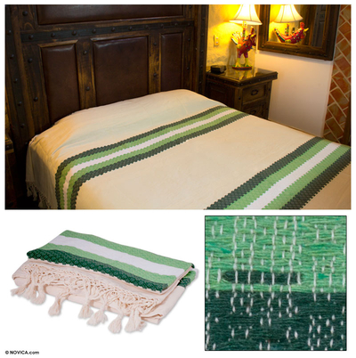 Fair Trade Zapotec Cotton Bedspread Quilt Twin Emerald Fields