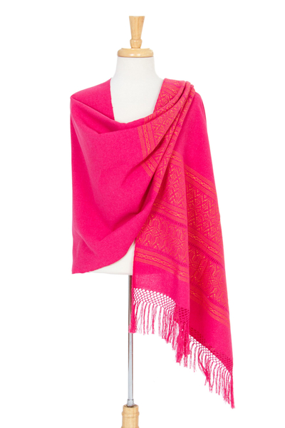 Rebozo-Schal aus Zapotec-Baumwolle, „Hot Pink Zapotec Treasures“ - Einzigartiger, in Mexiko handgewebter, gemusterter Schal aus Baumwolle in Pink