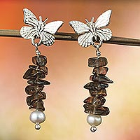Cultured Pearl and smoky quartz dangle earrings, 'Favorite Memories'