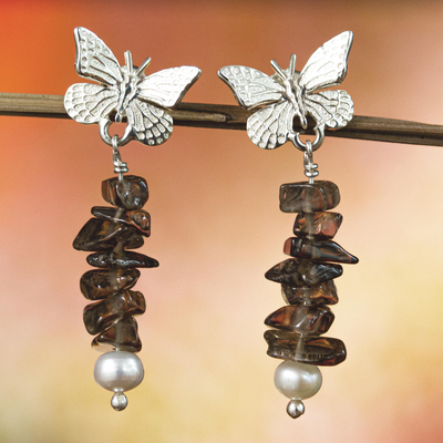 Cultured Pearl and smoky quartz dangle earrings, 'Favorite Memories' - Artisan Crafted Silver Smoky Quartz and Pearl Earrings