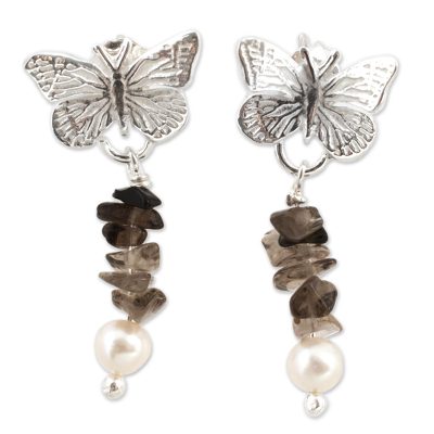 Cultured Pearl and smoky quartz dangle earrings, 'Favorite Memories' - Artisan Crafted Silver Smoky Quartz and Pearl Earrings