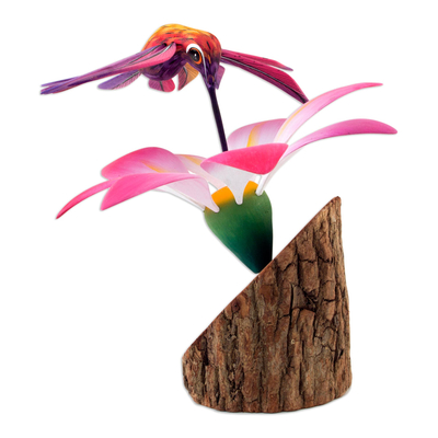 Alebrije sculpture, 'Happy Hummingbird' - Handmade Floral Wood Bird Sculpture