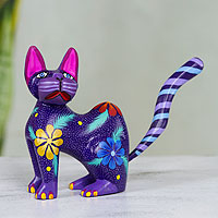 Hand Crafted Purple Wood Kittycat Folk Art Sculpture,'Magical Cat'