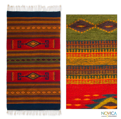 Zapotec wool rug, 'Oaxaca Dawn' (2.6x5) - Hand Made Zapotec Red Wool Area Rug (2.6x5)